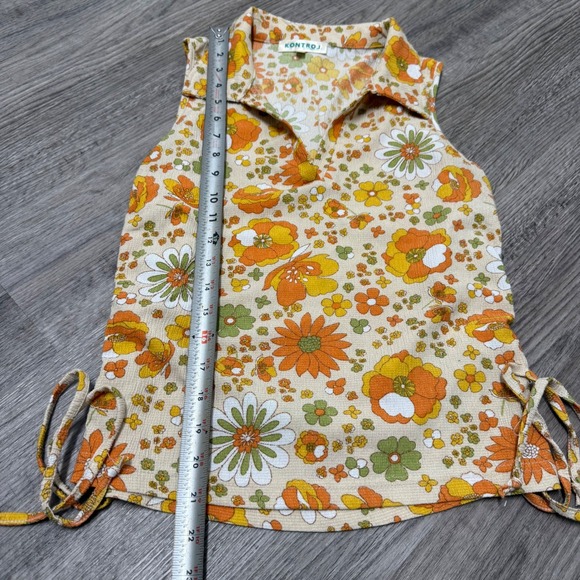 Kontrol Floral Sleeveless Top Collared V-Neck Side Cinch Orange Green Retro 70's - Picture 5 of 10